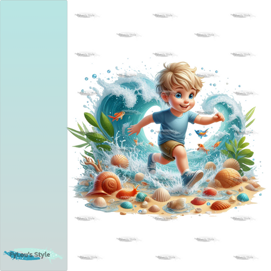 Bügelbild kleiner Junge rennt in Wasserwelle #2 Fylou's Style