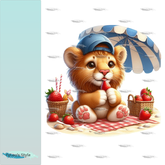 Bügelbild kleiner Löwe nascht Erdbeeren #1