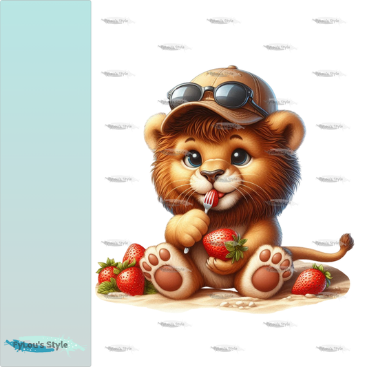 Bügelbild kleiner Löwe nascht Erdbeeren #2
