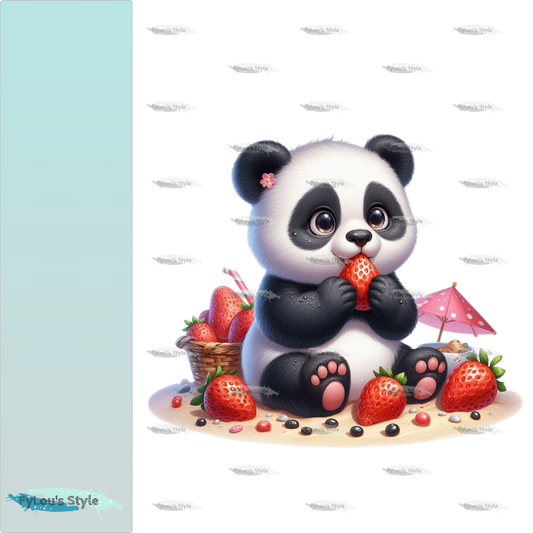 Bügelbild kleiner Panda isst Erdbeeren #1