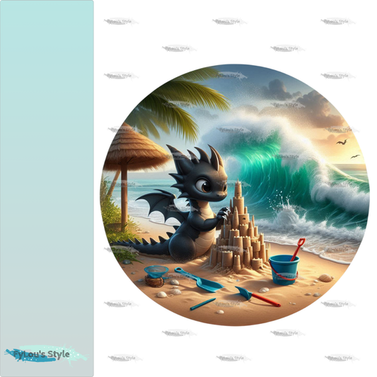 Bügelbild kleiner Schwarzer Drache baut Sandburg Fylou's Style