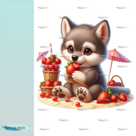 Bügelbild kleiner Wolf isst Erdbeeren #2