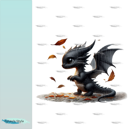 Bügelbild kleiner schwarzer Drache mit Blättern #1