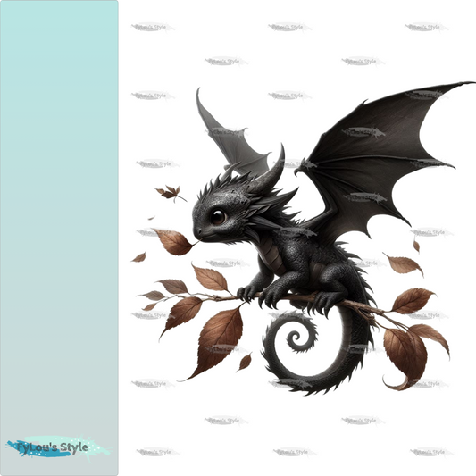 Bügelbild kleiner schwarzer Drache mit Blättern #2