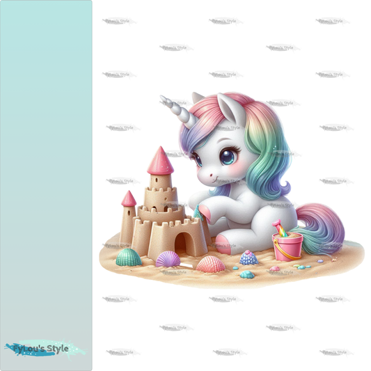 Bügelbild kleines Einhorn baut Sandburg Fylou's Style