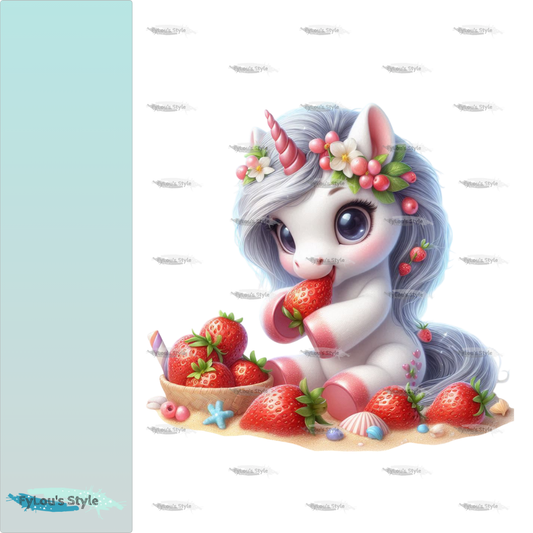 Bügelbild kleines Einhorn nascht Erdbeeren