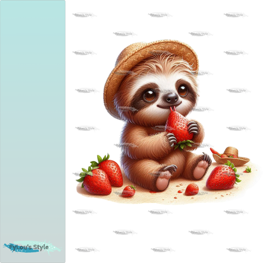 Bügelbild kleines Faultier isst Erdbeeren #1