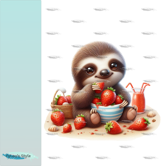 Bügelbild kleines Faultier isst Erdbeeren #2