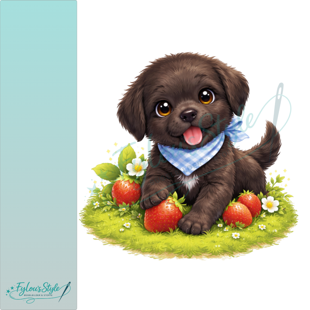 Bügelbild Retriever Welpe mit Erdbeeren