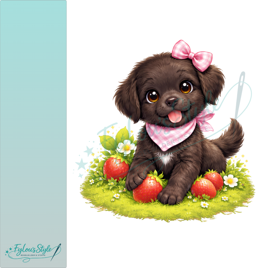 Bügelbild Retriever Welpen Mädchen mit Erdbeeren