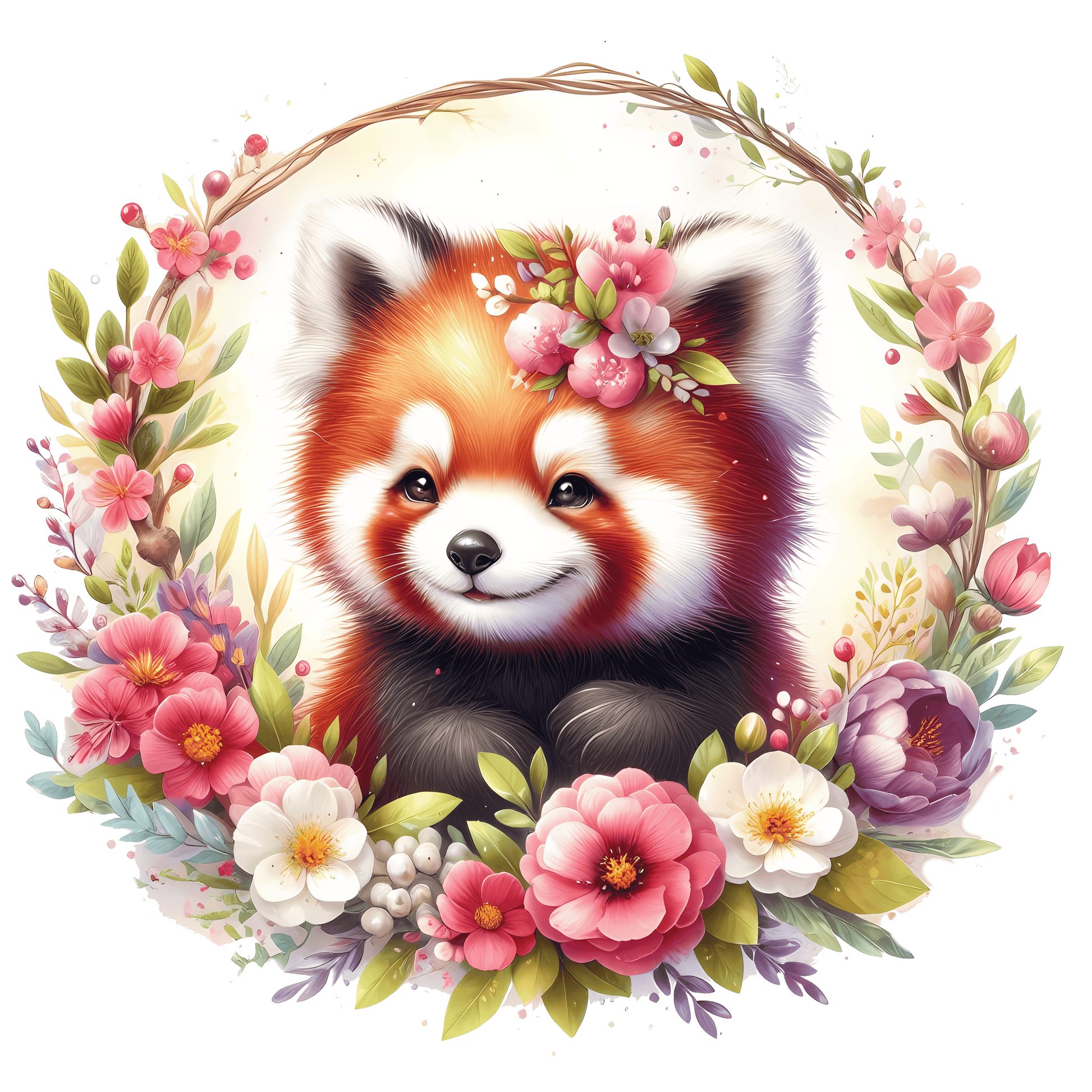 Bügelbild roter Panda Blumenkranz Fylou's Style