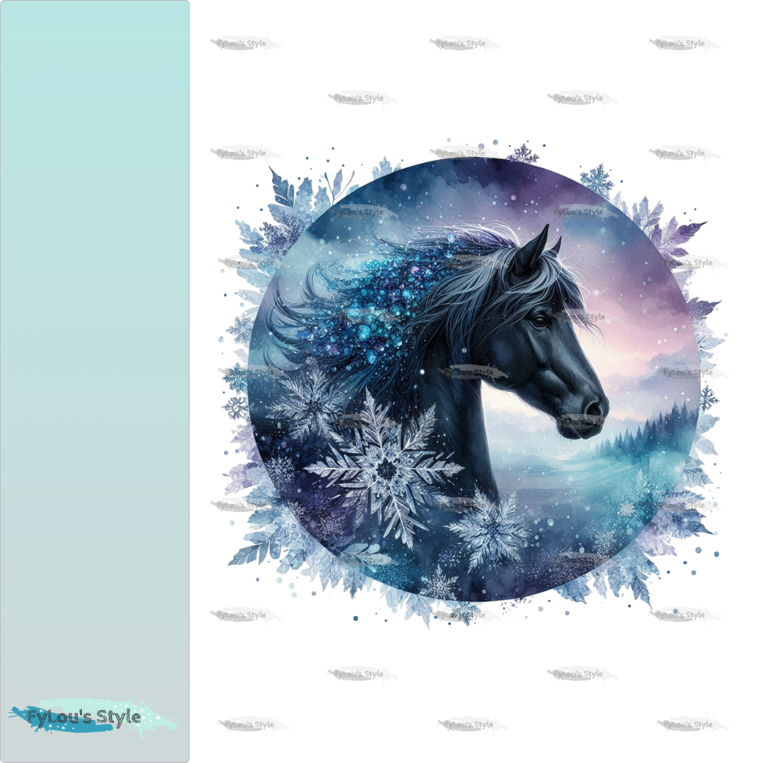 Bügelbild  schwarzes Pferd im Winterzauber #1