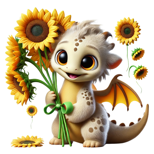 Bügelbild süßer Drache mit Sonnenblumen #1 Fylou's Style