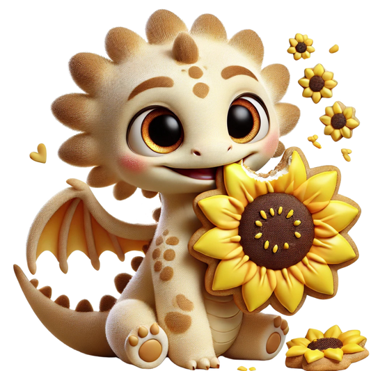 Bügelbild  süßer Drache mit Sonnenblumenkeks Fylou's Style