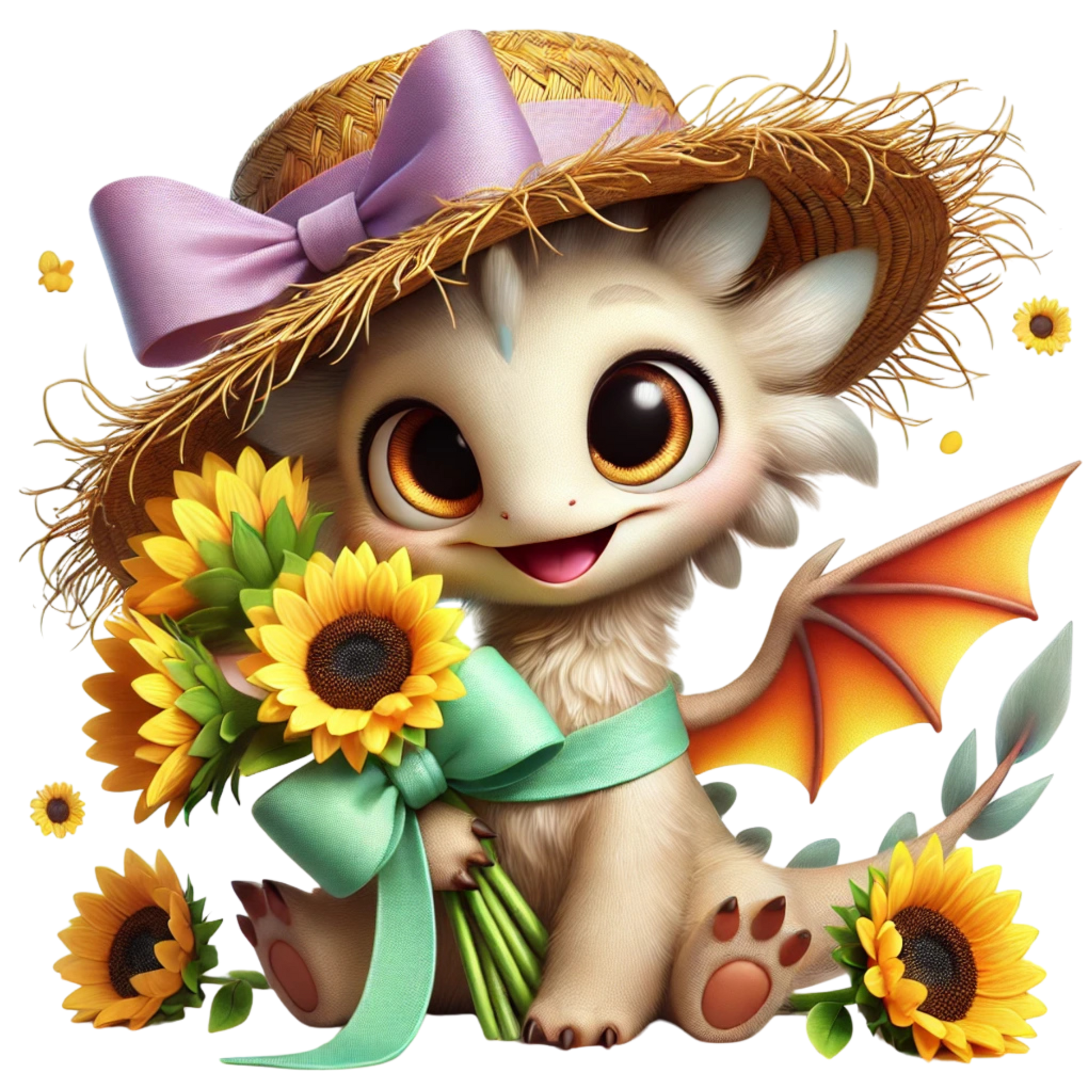 Bügelbild  süsses Drachen Mädchen mit Sonnenblumen Fylou's Style