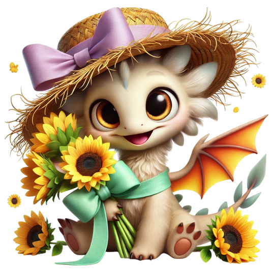 Bügelbild  süsses Drachen Mädchen mit Sonnenblumen Fylou's Style