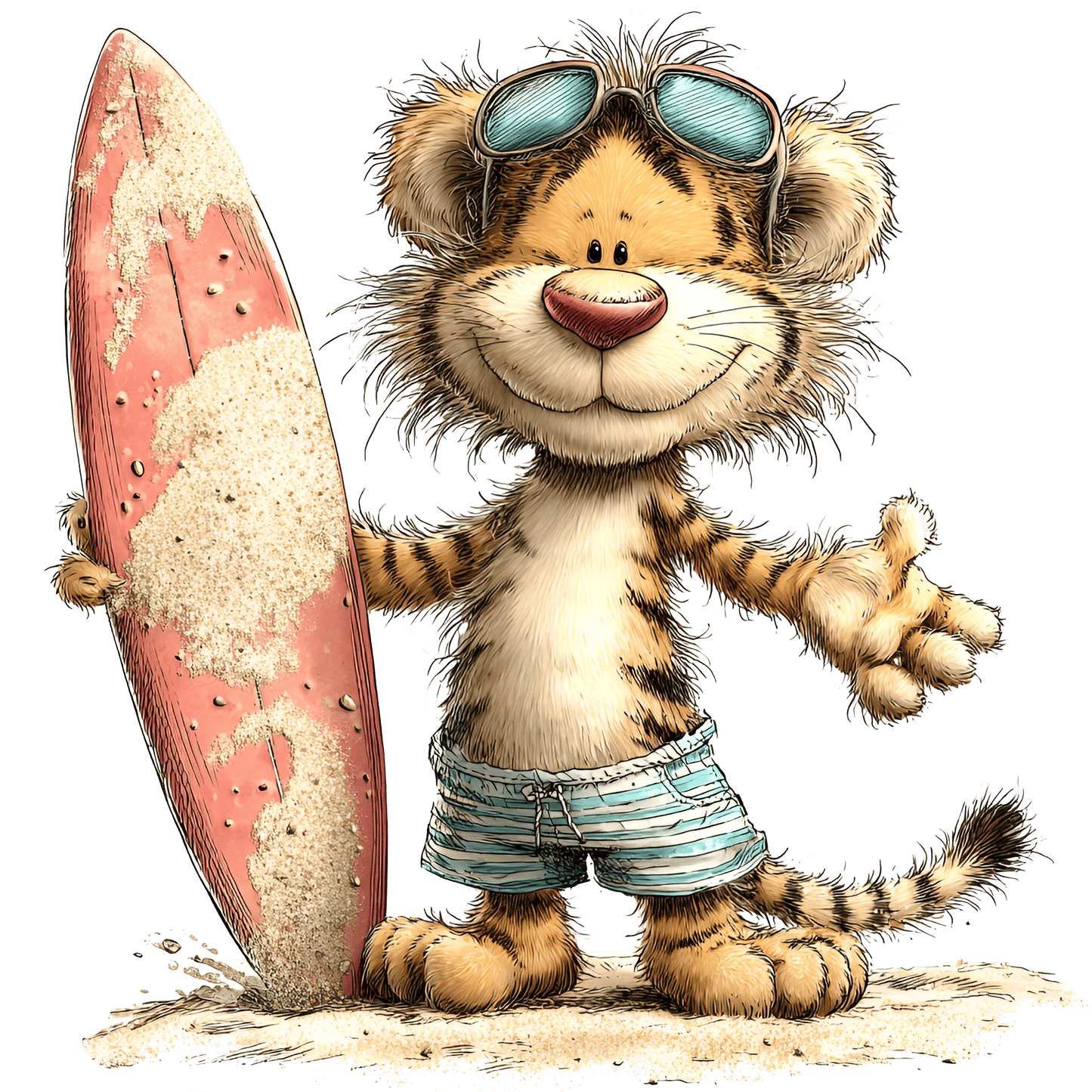 Bügelbild Tiger mit Surfboard