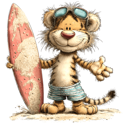Bügelbild Tiger mit Surfboard