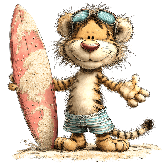 Bügelbild Tiger mit Surfboard