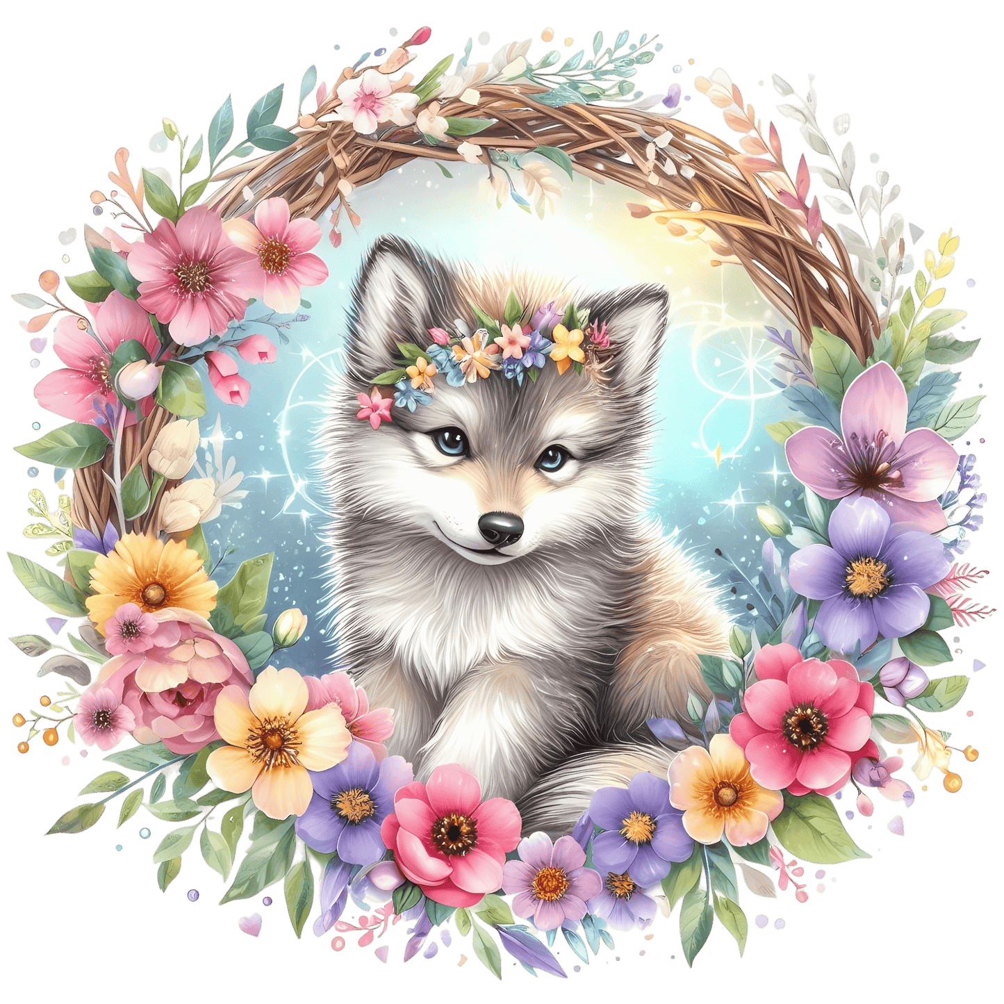 Bügelbild Wolf Blumenkranz